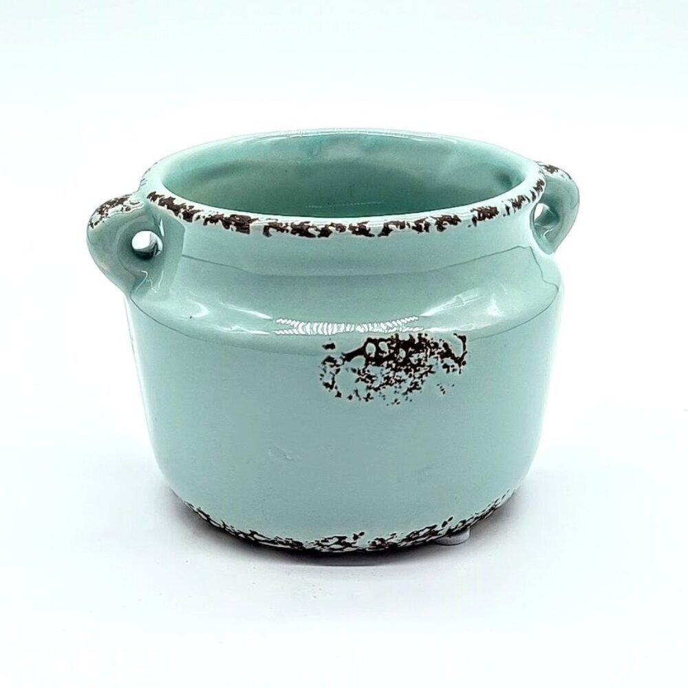 Aqua Blue Speckled Double Handle Ceramic Planter
